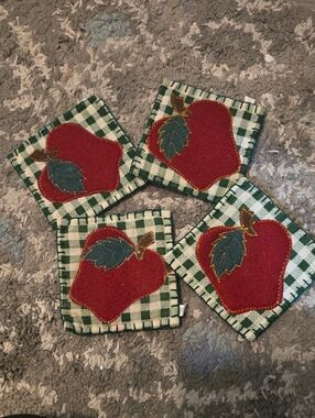 Set of 4 Apple Patch Coasters - Red & Green